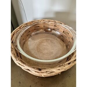 Vintage Pyrex Casserole Carrier Round  Basket Brown Handle Sturdy Potluck Dish